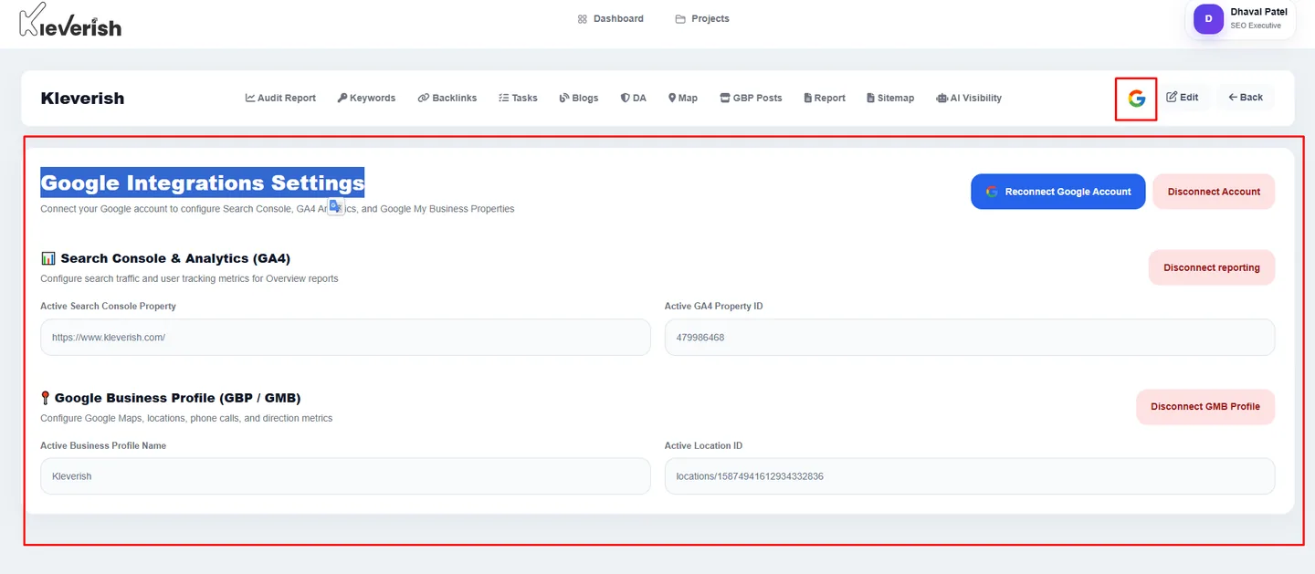 Google Integrations Settings — connect Search Console, GA4, and Google Business Profile in the Kleverish dashboard