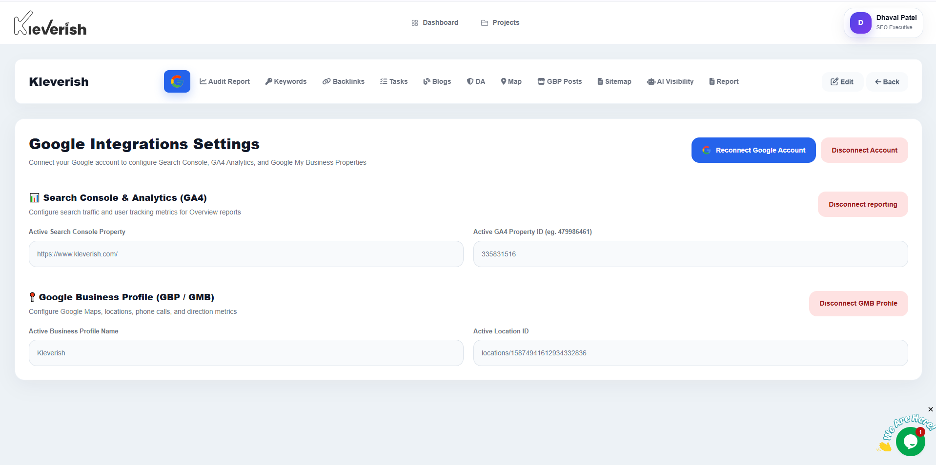 Kleverish Google Integrations Settings dashboard