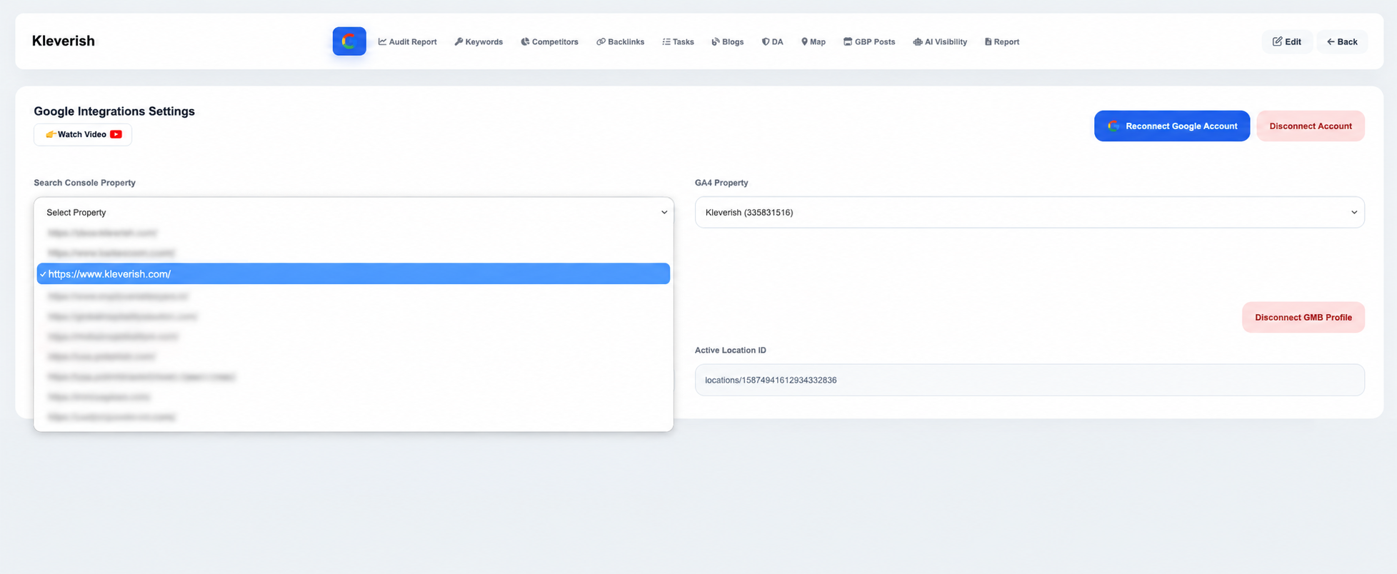 Google Integrations settings showing Search Console, GA4 and Business Profile property selection dropdowns